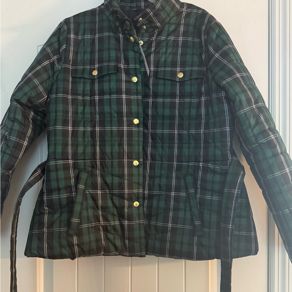 Brand new with tags JCrew Green Plaid Puffer Jacket size L.